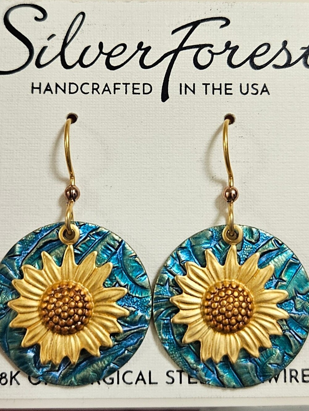 SILVER FOREST 18K ON SURGICAL STEEL BLUE & YELLOW SUNFLOWER EARRINGS - Picture 2 of 8